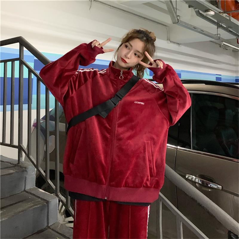 

Tracksuit For Women 2020 Spring New Long Sleeve Sport Basic Hip Hop Two Piece Set Velvet Loose Casual Fashion Clothes, White