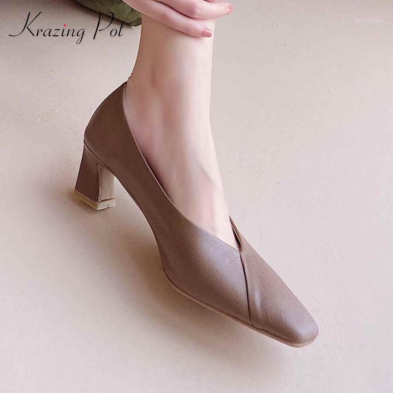 

Krazing pot gladiator natural leather simple design streetwear square toe thick high heel slip on pretty girls women pumps L191, Beige