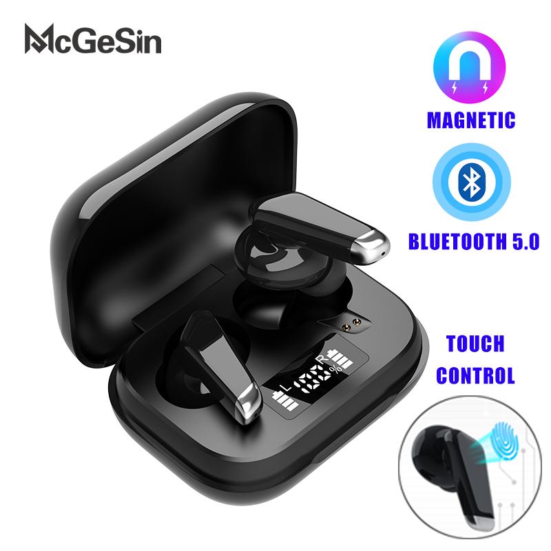 

McGeSin New Wireless Bluetooth Headset TWS Earphone 9D Deep Sound Music Headsets LED Power Display Earbud Touch Control With Mic, White
