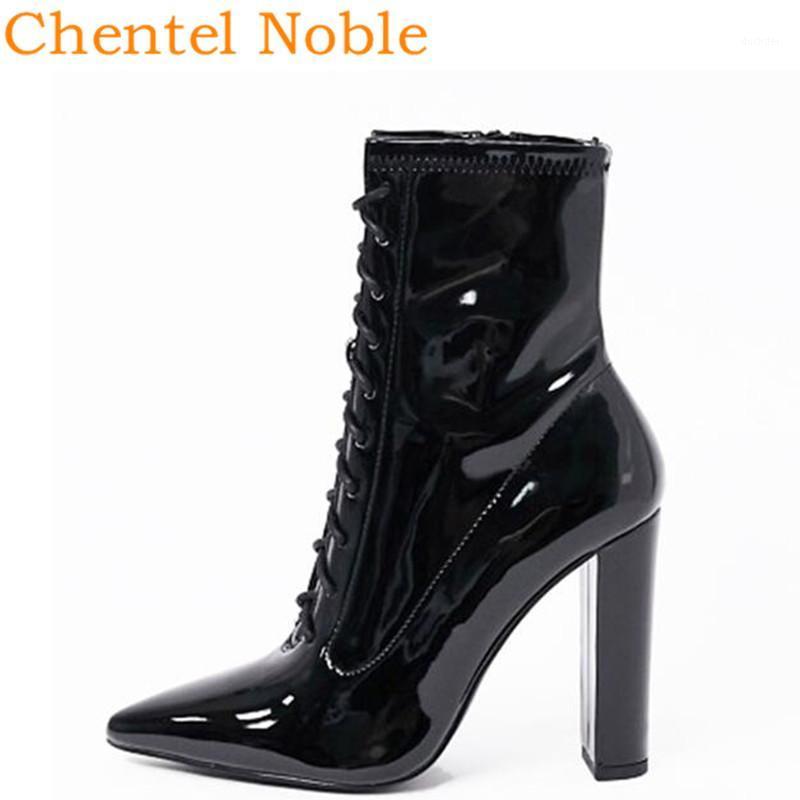 

Brand Chentel Autumn Patent Leather Pointed Toe Lace-Up Zipper Shoes Women's Cool Knight Boots Zapatos De Mujer Black Ladies1, As picture