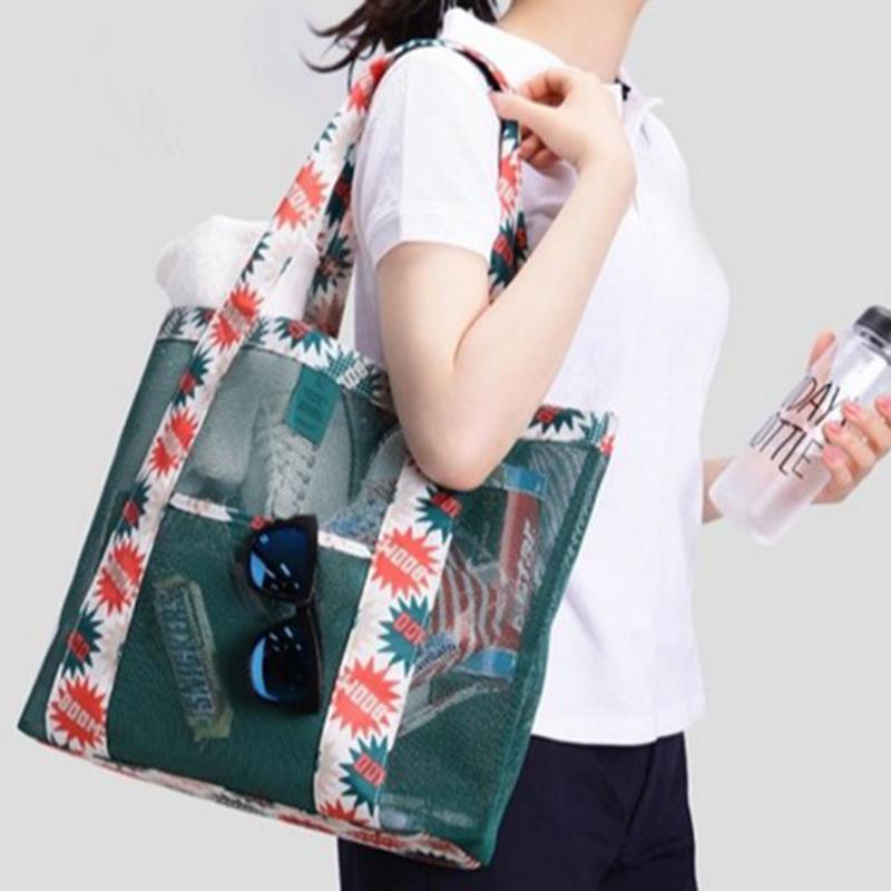 

1pc Summer Mesh Bag Portable Women Storage Bag Folding Beach Tote Toiletries Makeup Cosmetics Pouch