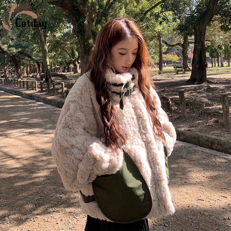 

Cotday High Collar Rex Fur Young Fur Belt Double-faced Winter Vintage Women Big Bag Long Integrated Loose Coat