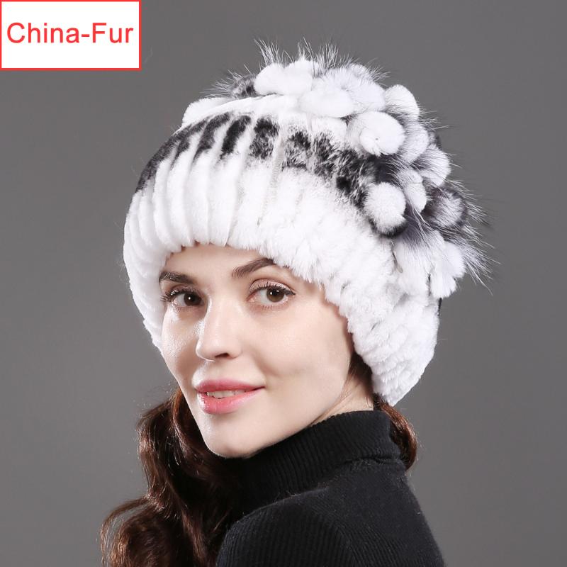 

New Style Women Real Rex Fur Skullies Hats Luxury Knitted Flowers Genuine Rex Fur Cap Winter Real Beanies Hat, White