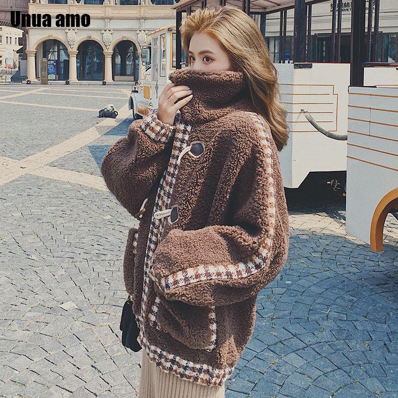 

Unua amo Faux Fur Winter Fluff Coat Female Thick Warm Fashion Hit Color Plaid Spliced Design Lambswool Jacket Women LE00284A, Coffee color