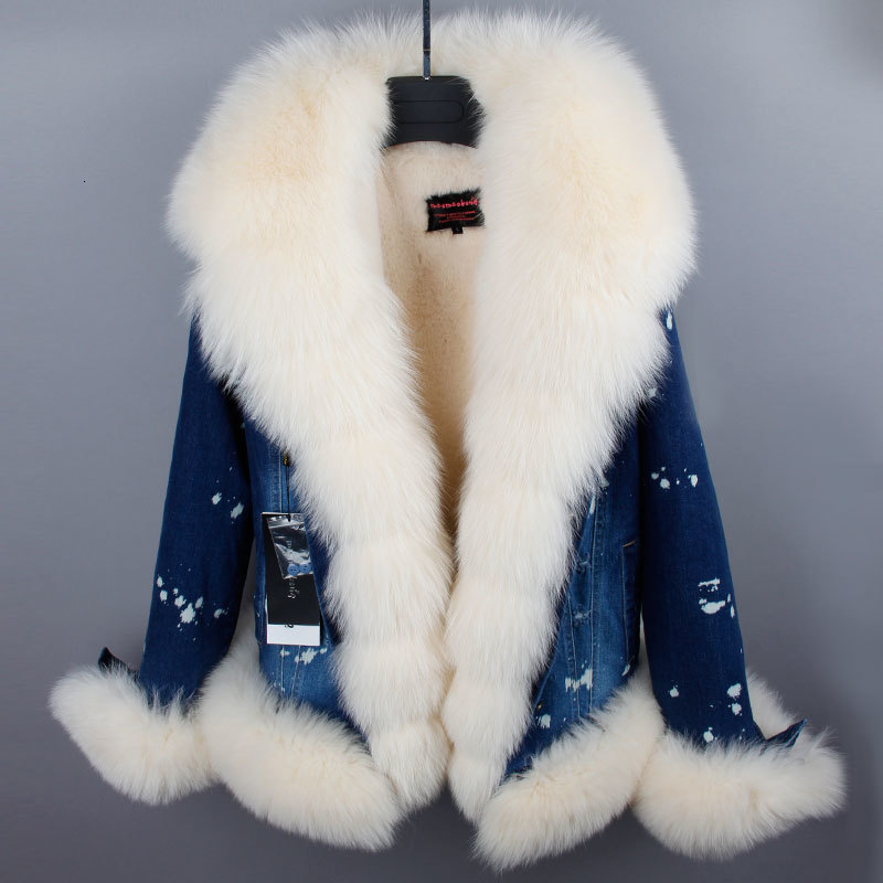 

2021 New Europe America Ultra Short Denim Fox Skin Big Leather Collar Fashion Hot Velvet Jacket VDVN, 11