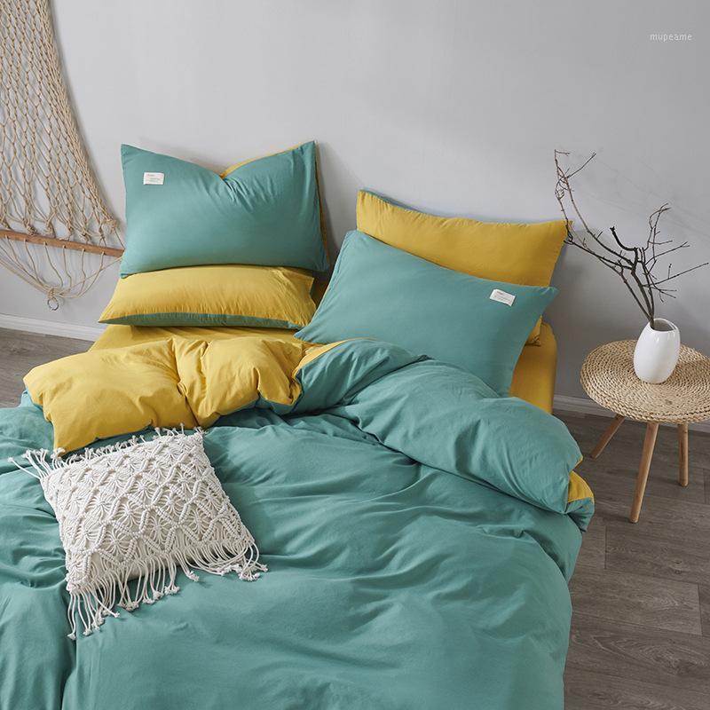 

Home Washed cotton Textile Yellow Gray Simple Bedding 4pcs Sets Duvet Cover Flat Sheet Boy Teen Adult Girls Bed Linen king Queen1, 09