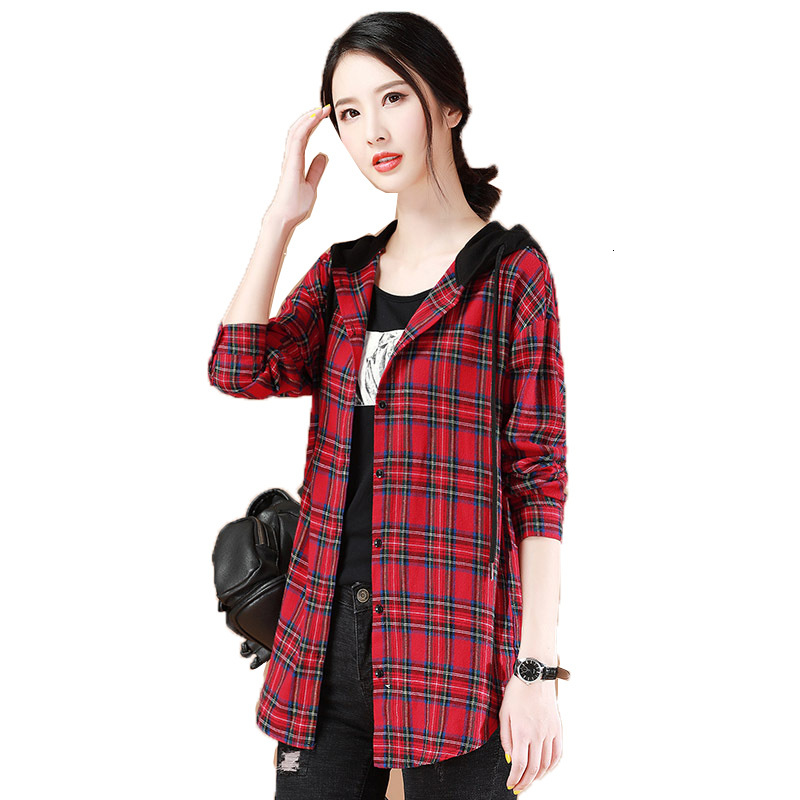 

2021 New Female Fashion Plaid Jackets Spring Mid-long Autumn Plus Size with Sleeve Hood Outerwear Jacket TAQR, Red grid