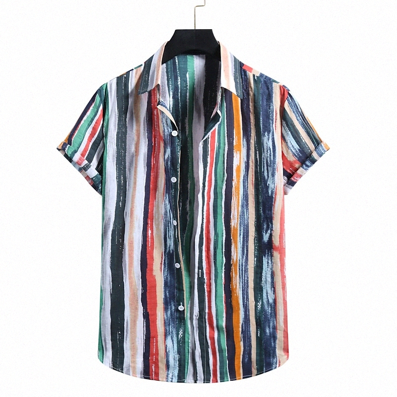 T-shirt pour hommes Autres impressions Bouton rayé Bouton Down Collier Casual imprimé quotidien Tops à manches courtes Hawaiian Vert violet D8KF