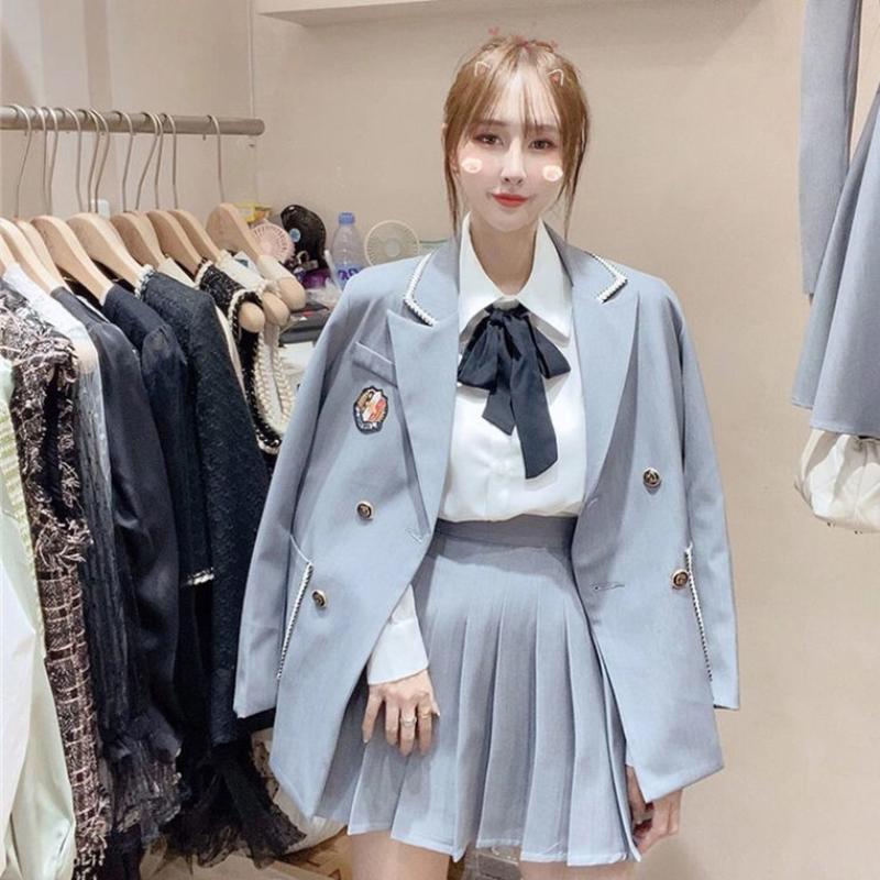 

College Style Women's Autumn New Style Korean Suit Jacket + Pleated Skirt Two-Piece Sets Fashion, Sky blue