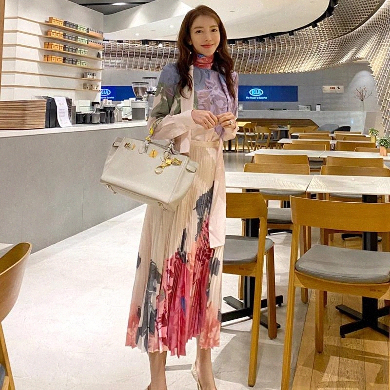 

Women Elegant Floral Printed 2-Piece Suits Female Long Sleeve Bow Collar Chiffon Shirt Top & Pleated High Waist Long Skirt Set #mE8I, Black;gray