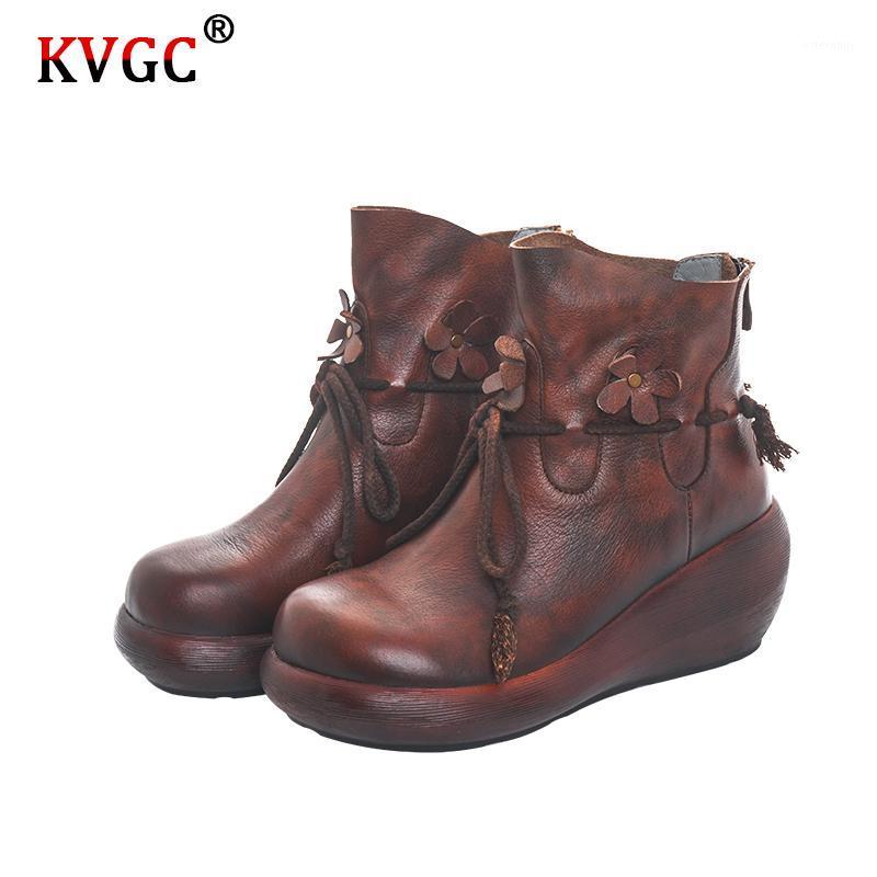 

KVGC Autumn and winter new ladies fashion all-match high-quality leather handmade flat sole unique retro style brown ankle boots1