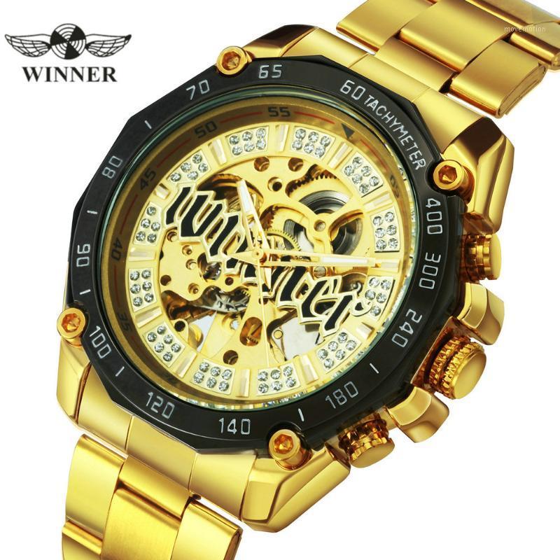 

WINNER Golden Mens Watches Top Rhinestone Skeleton Automatic Mechanical Watch Men Male Wristwatch relogio masculino1, Golden golden