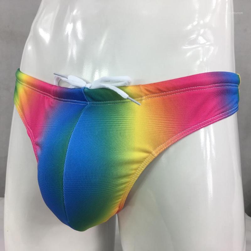 

Mens Swim Thong Rainbow Colors Swimsuit Fabric nylon Spandex Lined Pouch Lining Swimsuit Pad optional G84041, Without padded