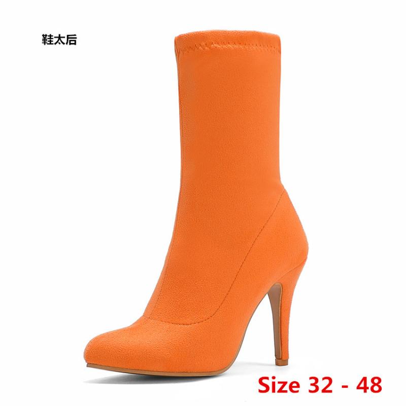 

Spring Autumn High Heel Mid Calf Boots Women Stretch Fabric Short Boots Woman Shoes Botas Muje Small Big Size 32 - 48, Green