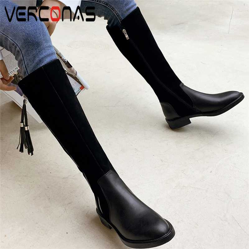 

VERCONAS Fashion Women Knee-High Boots Autumn Winter Long Shoes Woman Genuine Leather New Fringe Zipper Casual Thick Heels Boots, Black