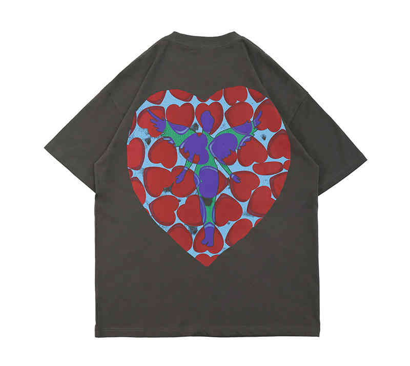 

Men's T-Shirts American high street used print T-shirt loose Street creative peach heart flower letter Short Sleeve Tee D8W8, Gray