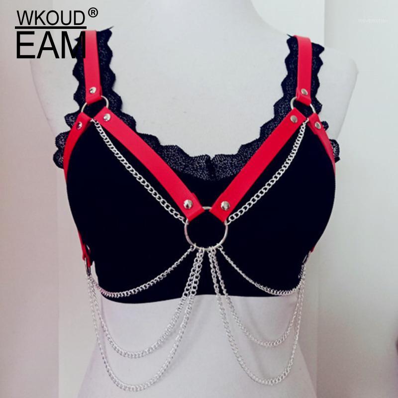 

WKOUD EAM 2020 New Rivet PU Leather Belly Chain Women Punk Temperament Chest Chain Female Personality Body Tide PF6891, Red