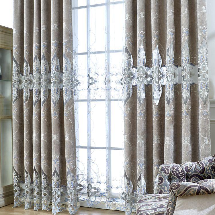 

New European Luxury High-grade Gray Chenille Water-soluble Embroidery Curtains for Living Dining Room Bedroom, Tulle