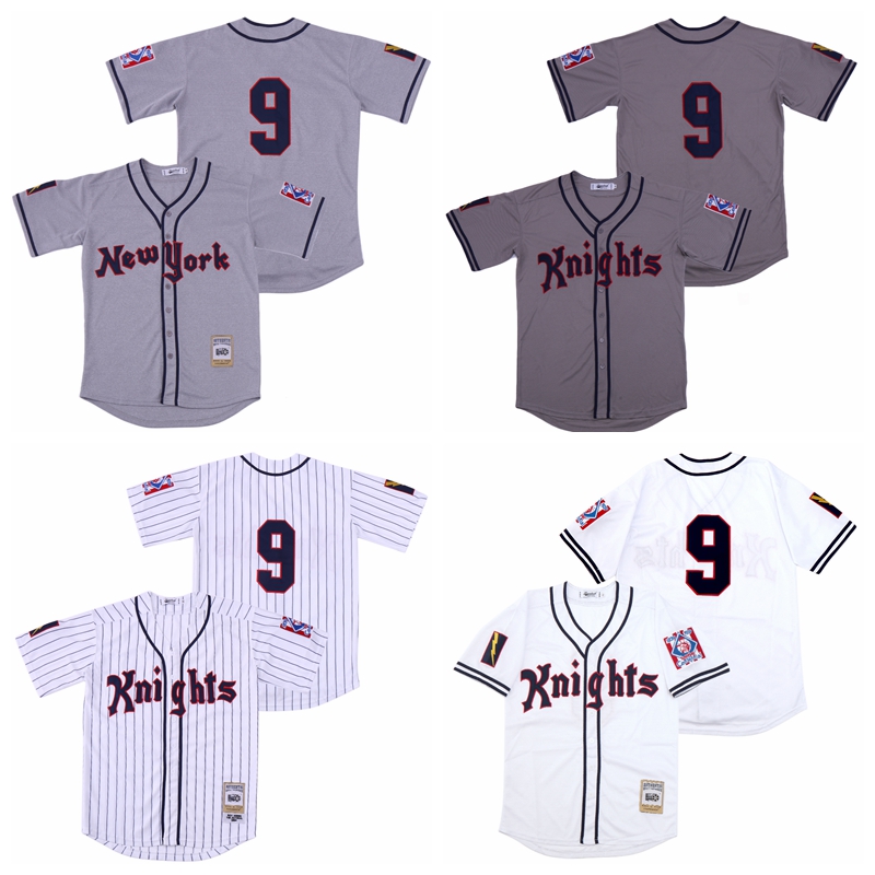 

1939 Movie Baseball New York Knights 9 Roy Hobbs Jersey Men White Grey Team Away Cool Base Breathable Pure Cotton Stitched Top Quality