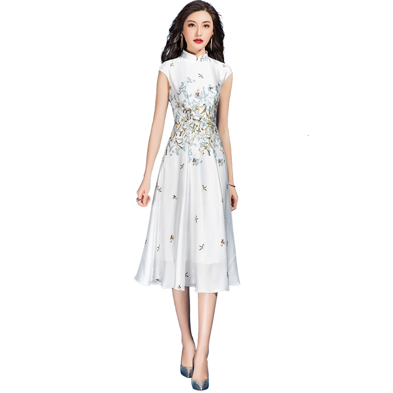 

Summer New Fashions Graceful Floral Short Sleeve Printed Fine White Chiffon Women's Dress Zhu2