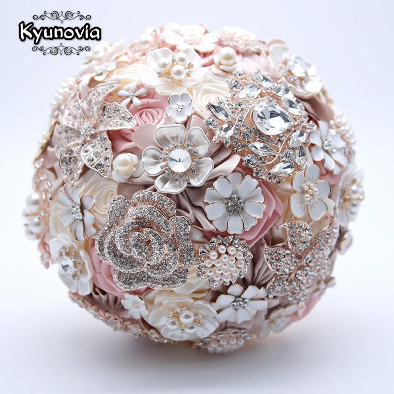 

Kyunovia Silk Wedding Flowers Rhinestone Jewelry Blush Pink Brooch Bouquet Gold Broach Bridal Wedding Dress Bouquet FE931, Red