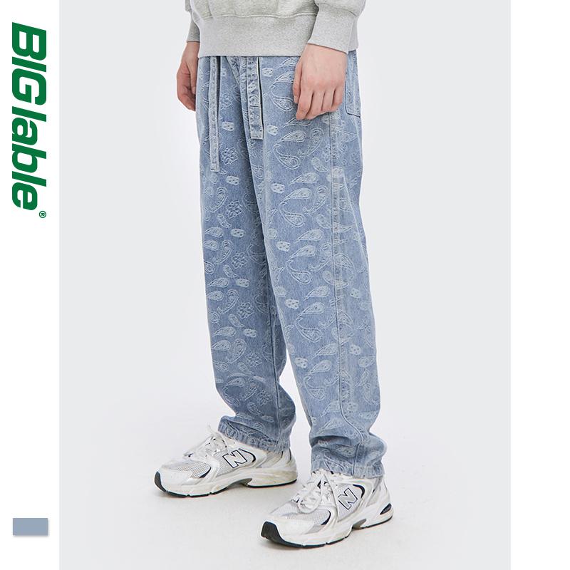 

BIG LABLE Men Jeans Autumn High Street Loose Straight Pant With Belt Men Retro Hip Hop Denim Pant 3255W20, Blue