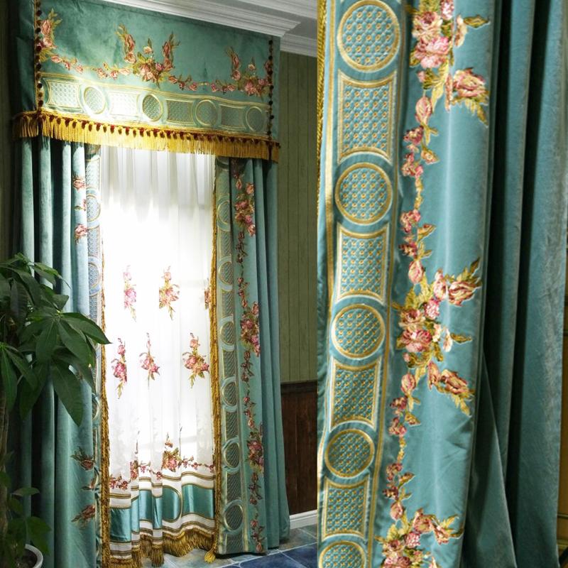 

European French court Korean flannel taped embroidered curtain living room bedroom upscale villa high-rise window luxury curtain, Tulle
