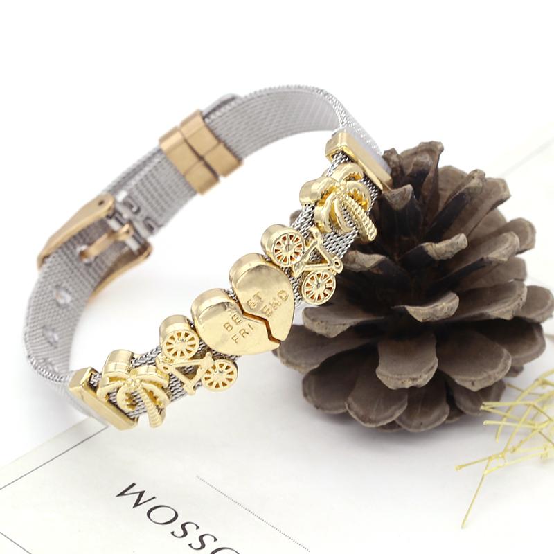 

DINGLLY Fine Two-color Stainless Steel Mesh Bracelet Bangle Bicycle Heart Charm Watch belt Bracelets For Women Men Couples Gift, Golden;silver
