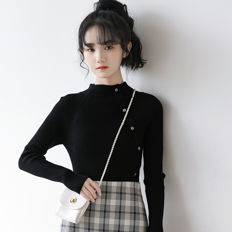 

2021 Autumn and Winter New Oblique-breasted Design Feel Semi-high-neck Deep Black Woman's Sweater Thin Interior OW1K