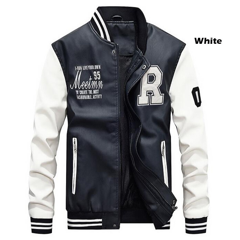 

2021 New Leather Stick Pu Men's Jackets Slim Fit College Fleece Luxo Top Jacket 94KF, White wish103