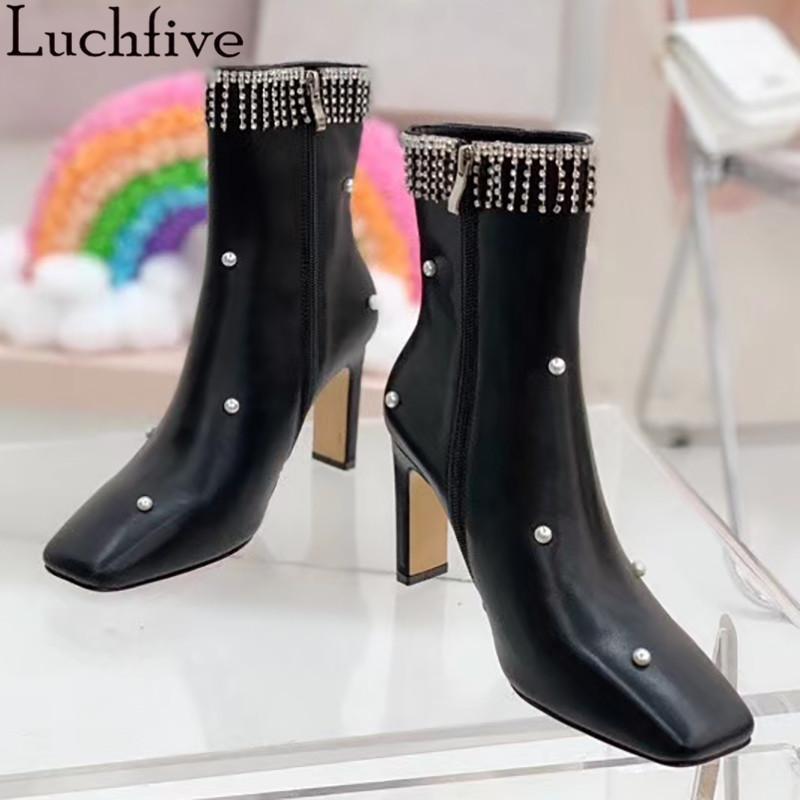 

Crystal Fringe Women's Boots High Heels Party Shoes Square Toe Ankle Boots Black Genuine Leather Botas Mujer1, Black suede