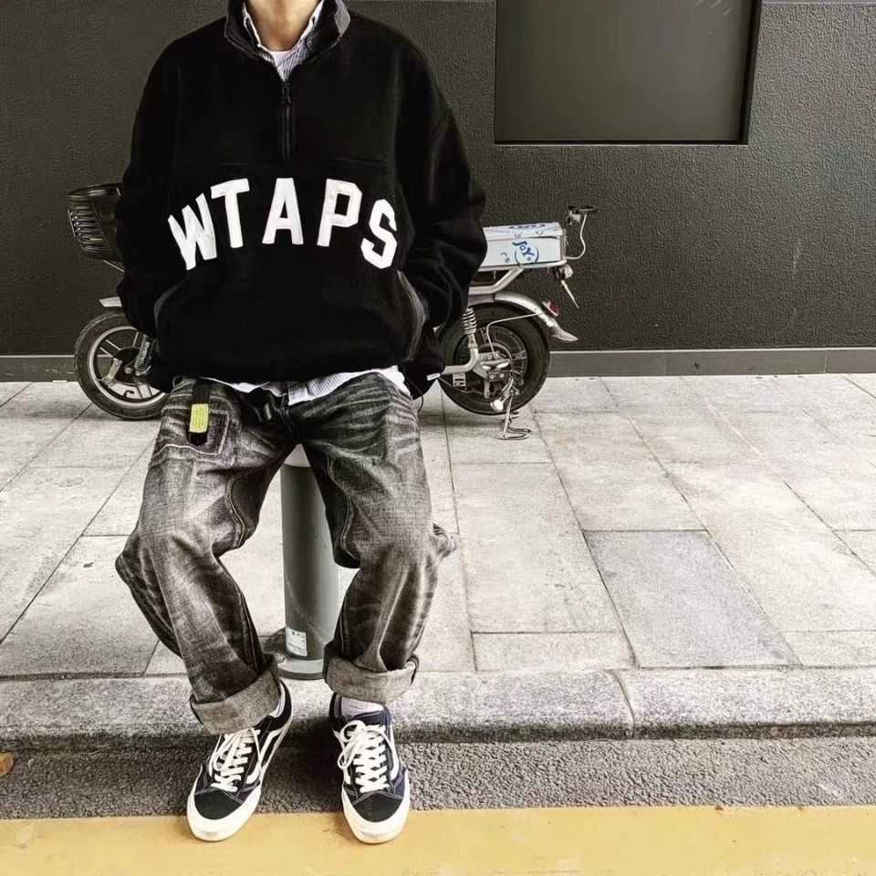 

Wtaps semi zipper Fleece Pullover Jacket ins fashion korean couple Pullover, Black