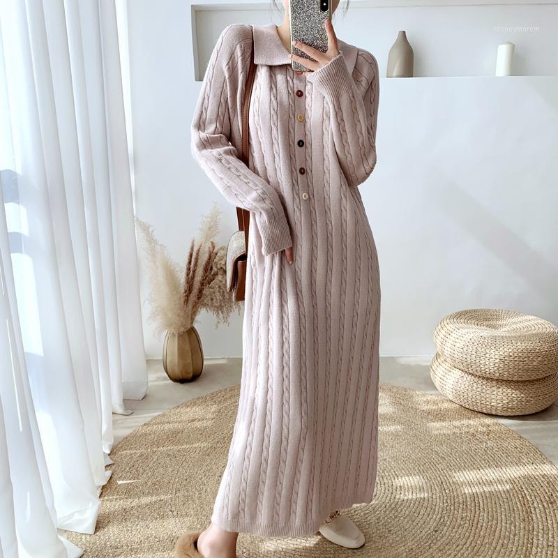 

Casual Solid Women Sweater Dress Autumn Winter Long Sleeve Button Neck Dress High Street Style Female Knitted 20201, Gray