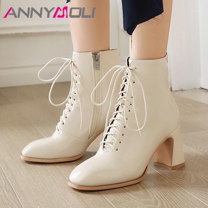 

ANNYMOLI Woman Boots Square Toe Ankle Boots Zip High Heel Short Lace Up Block Heel Female Shoes Autumn Winter Beige 34-461, Beige velvet lining
