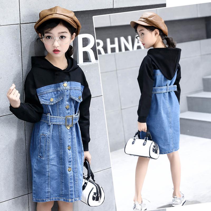 

Teen Girls Denim Patchwork Dress 2020 Autumn New Korean Hooded Children Princess Dress Fashion Kids Girls Casual Dress, #1129, Black