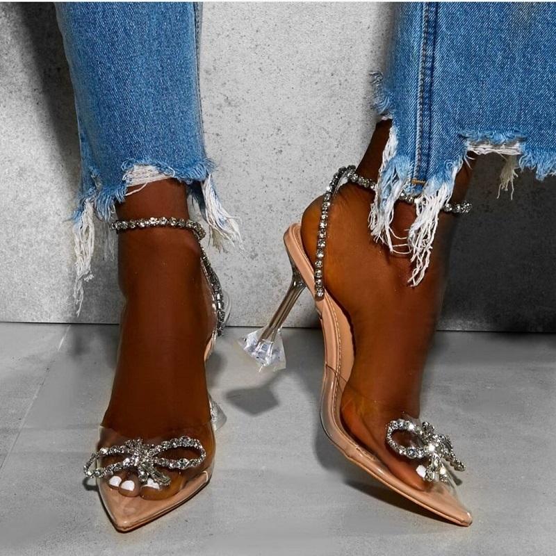 

Women Transparent Jelly Sandals Luxury Rhinestones Bow High Heels Ladies Sandals Summer Clear Pointed Toe Stiletto Party Shoes, Black