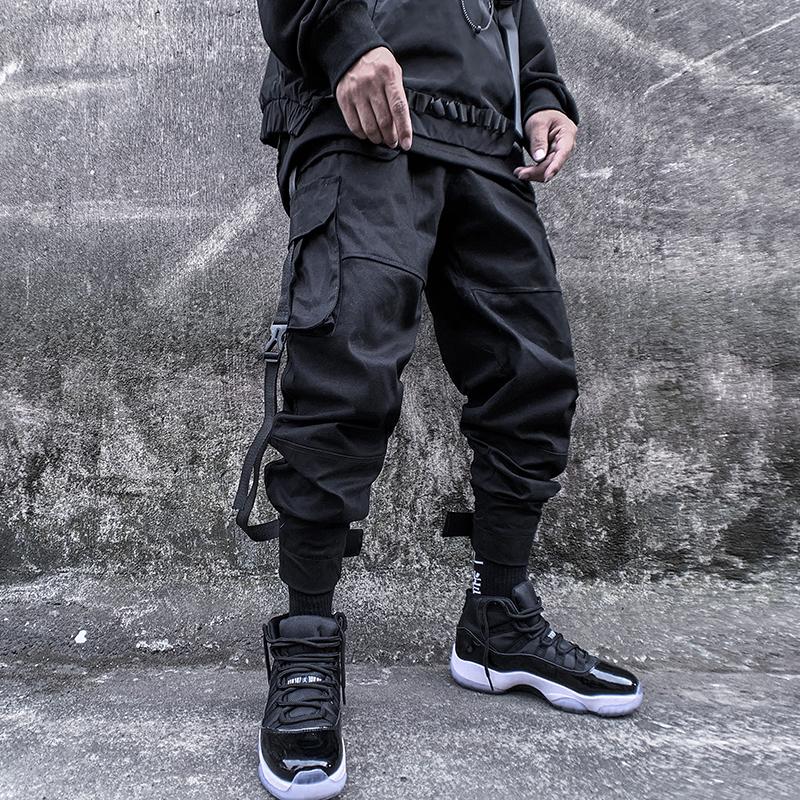 

2020 new men's mechanical multi-pocket overalls floating wide trousers men's solid color beam casual pants, Black