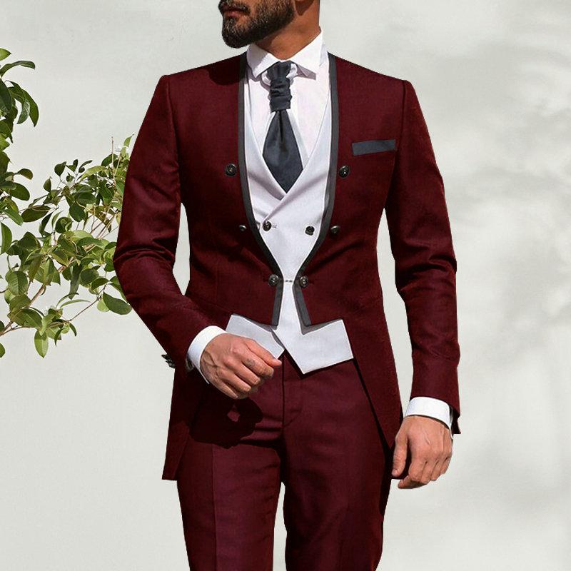

2021 Fashion Design Men's Burgundy Tailcoat Formal Men Suit Slim Fit 3-Piece Party Suit Dinner Jacket Wedding Male Tuxedos, As picture