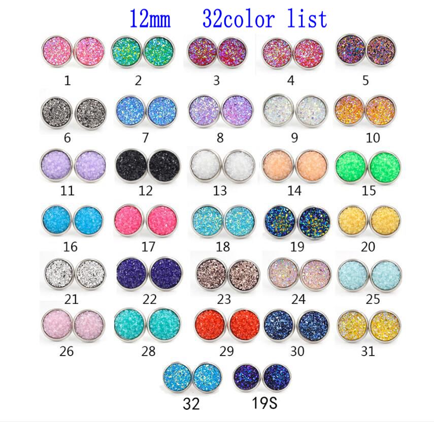 

8mm 12mm Nice handmade resin round mermaid druzy earrings trendy simple stainless steel Tone wholesaling resin stone earring for lady gift, Golden;silver