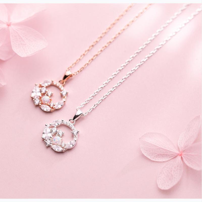 

Korean 925 sterling silver necklaces Opal wreath Clear Zircon pendant necklaces for women engagement weddings bridal jewelry1
