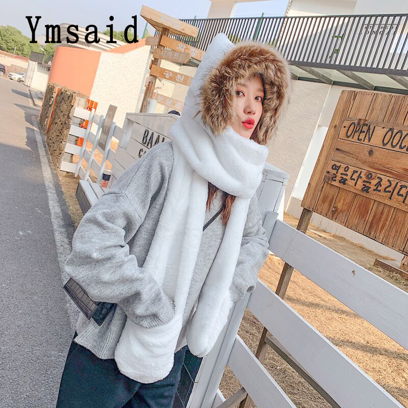 

2020 Winter Women Novelty Caps Warm Cute Bear Ear Hat Casual Plush Hat Scarf Gloves Set Casual Solid Fleece Women Caps, White