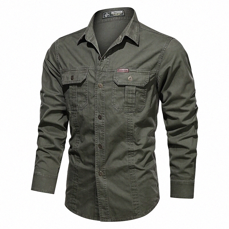 T-shirt pour hommes Bouton de col de couleur solide col de couleur basse colle à manches longues à manches longues en coton Basic Black Army Gree