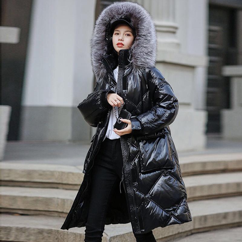 

Large Real Silver Fur 2020 New Women 90% White Duck Down Long Jacket Winter Hooded Down Coat Thick Warm Parkas Snow Outwear, Black