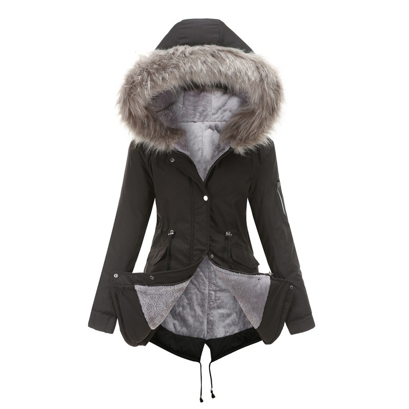 

New Winter Thickened Women Cotton Clothing Casual Loose Mid-length Coat Women' Fur Hooded Winter Warm and Velvet Coat Women, Black