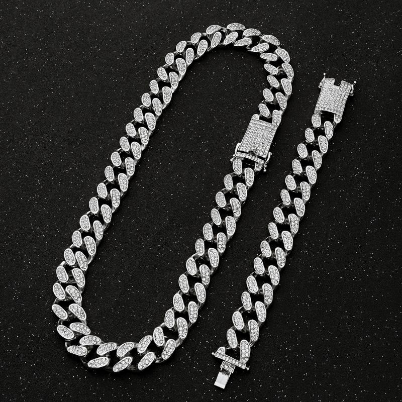 

Chains 20mm Miami Cuban Link Chain Gold Silver Color Necklace Bracelet Iced Out Crystal Rhinestone Bling Hip Hop Men Jewelry Necklaces