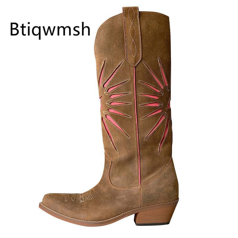 

Real Suede Retro Cowboy Boots Women Pointed Toe Embroidered High Heel Boots Female Knee, Beige