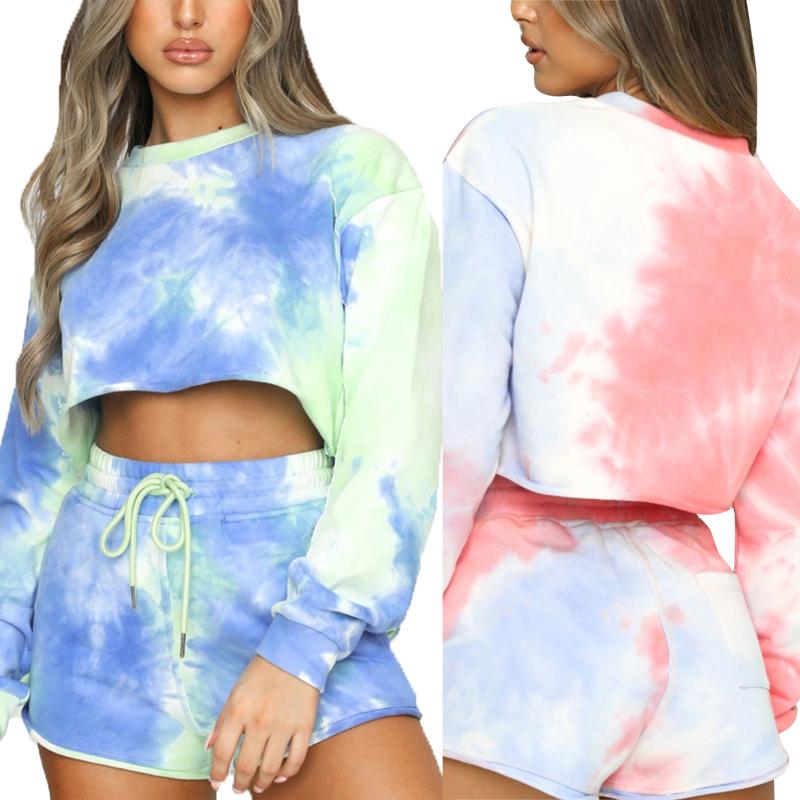 

Women' Shirt Long Sleeve Cropped Top Loose Elastic Casual Party Round Neck Dye Printed Shorts Sports Exercise Clothes, Blue