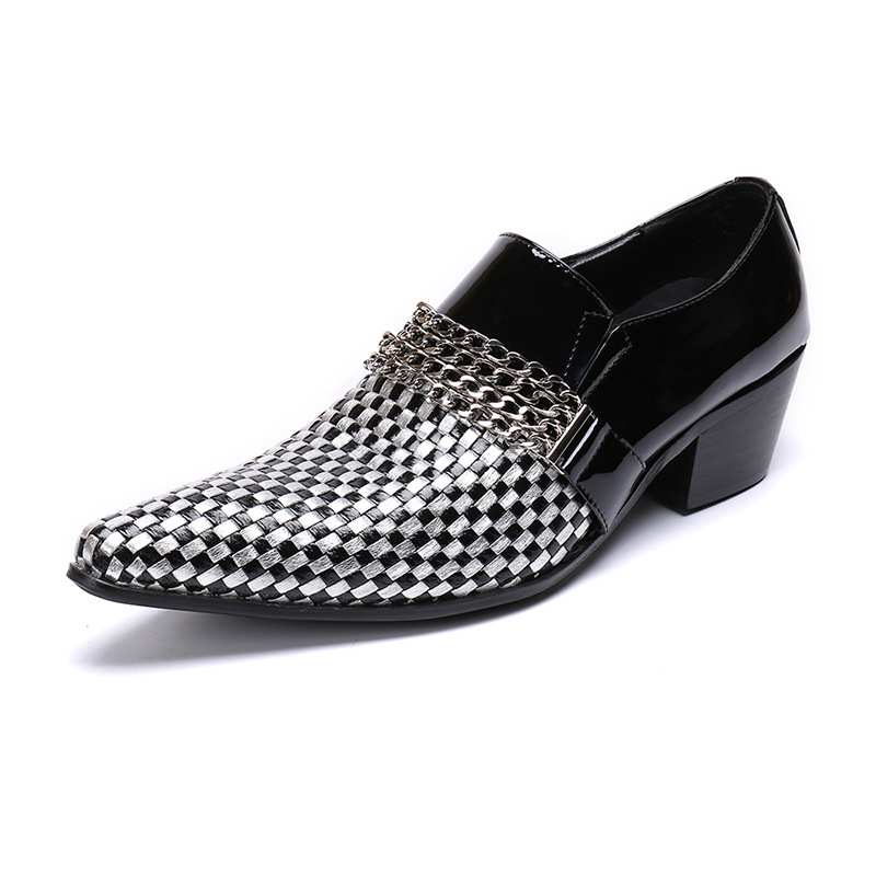 

Business Shoes Men's Pointed Light Gray Printed Plaid Chain Derby Shoes Are Not Tied with Men's Party Wedding