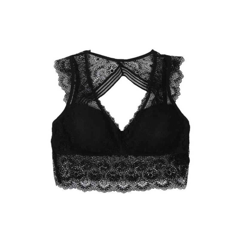 

Womens Sexy Lace Lingerie Bra Hollowed Out Floral Deep V-neck Underwear Solid Color Bra Daily Wear Lace Backless Lingerie, Black