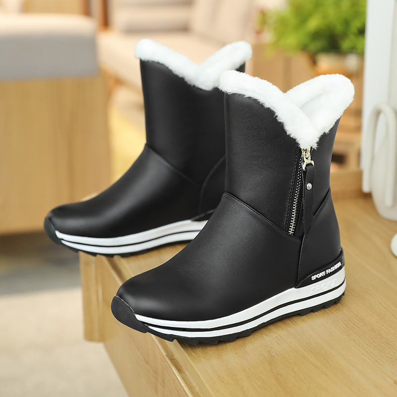 

2021 New Women Warm Wool Snow Winter Shoes Woman Low Wedges Heels Comfortable Sweet Ladies Boots Large Size 41 42 43 Czfd, Black